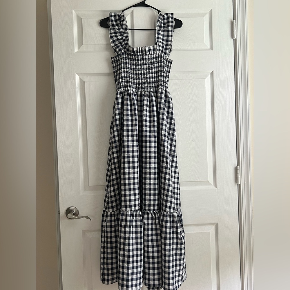 Chouyatou Navy & White Gingham Cottagecore Smocked Shirred Maxi Dress Medium - Picture 4 of 10